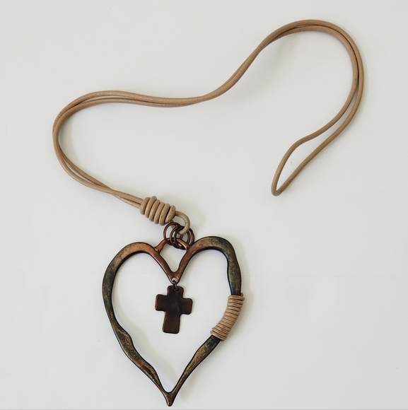 The Unbranded Brand Jewelry - Heart & Floating Cross Copper Color Tan Leather Necklace 4" Charm 34" Necklace